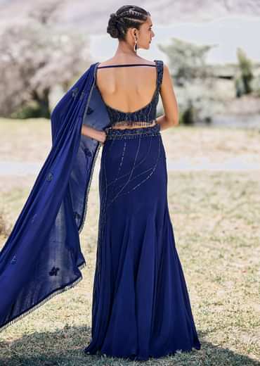 Blue Embroidered Asymmetric Fishcut Crepe Skirt With Blouse And Pallu