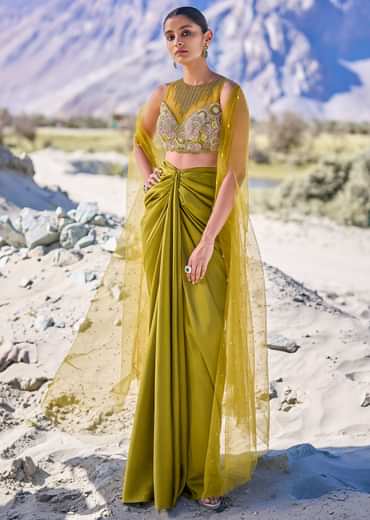 Green Satin Drape Skirt With Embroidered Blouse And Net Cape