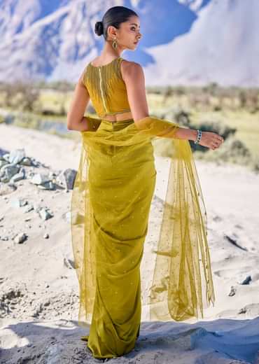 Green Satin Drape Skirt With Embroidered Blouse And Net Cape