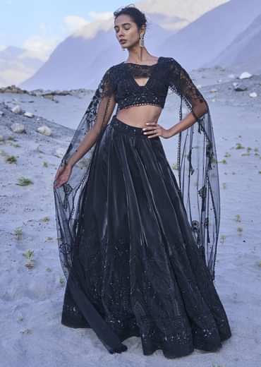 Black Embroidered Organza Lehenga Set With Cape