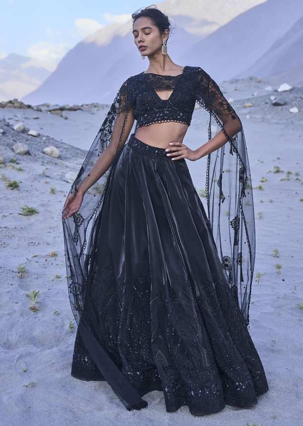 Black Embroidered Organza Lehenga Set With Cape