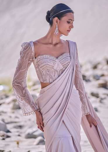 Beige Satin Pre Draped Saree With Embroidered Corset Blouse