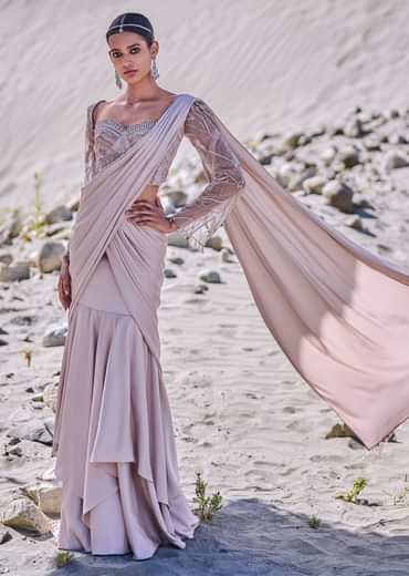 Beige Satin Pre Draped Saree With Embroidered Corset Blouse