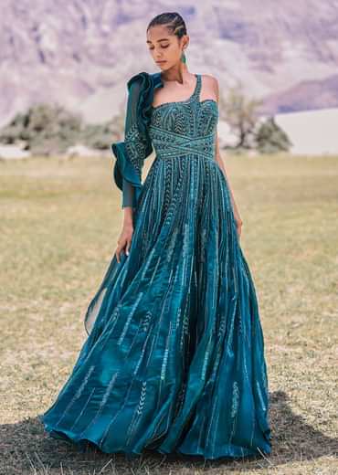 Peacock Green Embroidered Circular Frill Gown With Long Trail