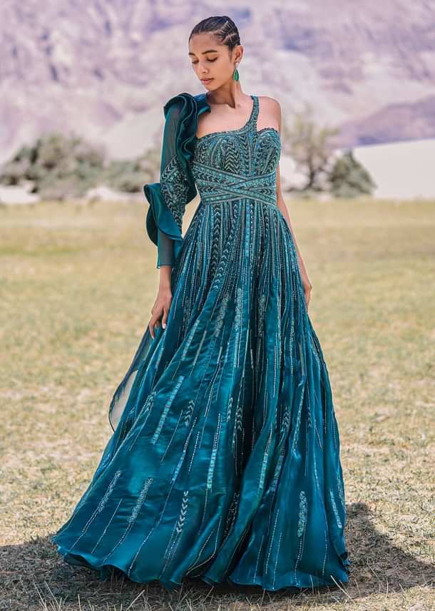 Peacock Green Embroidered Circular Frill Gown With Long Trail
