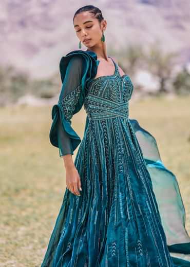 Peacock Green Embroidered Circular Frill Gown With Long Trail