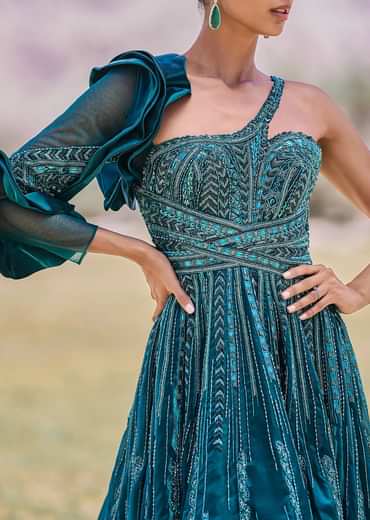 Peacock Green Embroidered Circular Frill Gown With Long Trail