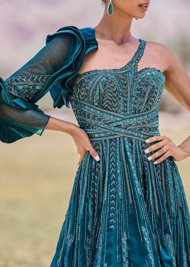 Peacock Green Embroidered Circular Frill Gown With Long Trail