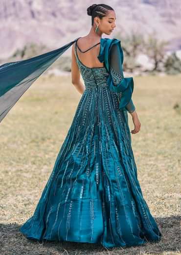 Peacock Green Embroidered Circular Frill Gown With Long Trail