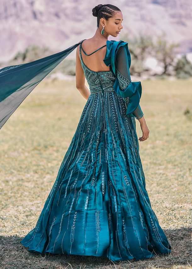 Peacock Green Embroidered Circular Frill Gown With Long Trail