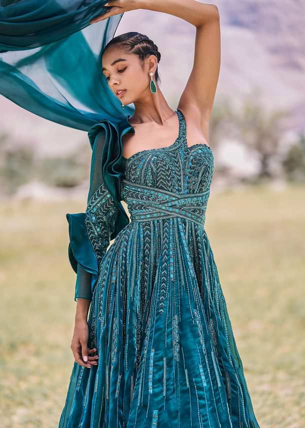 Peacock Green Embroidered Circular Frill Gown With Long Trail