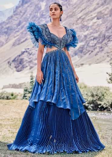 Deep Teal Blue Embroidered Layered Flared Gown With Fancy Sleeves