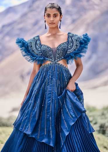 Deep Teal Blue Embroidered Layered Flared Gown With Fancy Sleeves