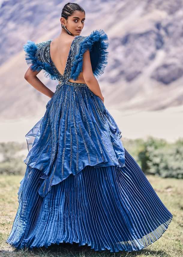 Deep Teal Blue Embroidered Layered Flared Gown With Fancy Sleeves