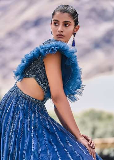 Deep Teal Blue Embroidered Layered Flared Gown With Fancy Sleeves