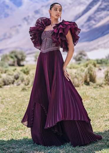 Wine Embroidered Flared Pleated Gown With Ruffle Sleeves