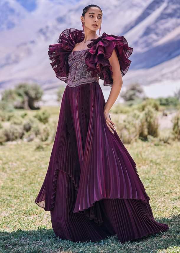 Wine Embroidered Flared Pleated Gown With Ruffle Sleeves