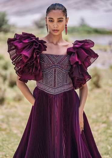 Wine Embroidered Flared Pleated Gown With Ruffle Sleeves
