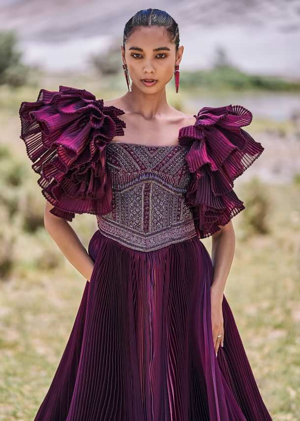 Wine Embroidered Flared Pleated Gown With Ruffle Sleeves