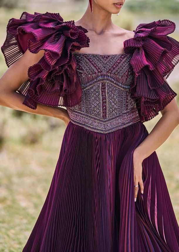 Wine Embroidered Flared Pleated Gown With Ruffle Sleeves