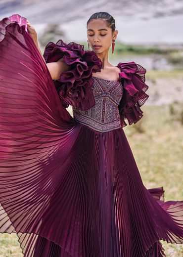 Wine Embroidered Flared Pleated Gown With Ruffle Sleeves