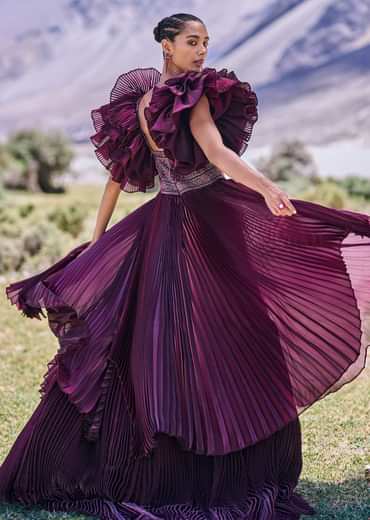 Wine Embroidered Flared Pleated Gown With Ruffle Sleeves