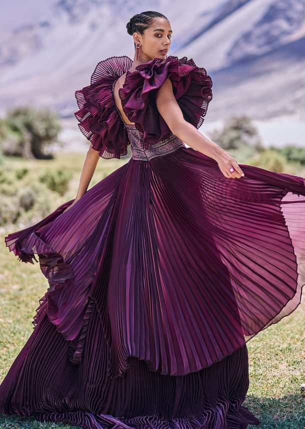 Wine Embroidered Flared Pleated Gown With Ruffle Sleeves