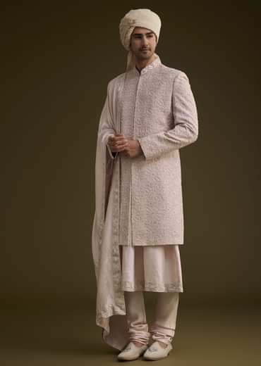 Onion Pink Raw Silk Sherwani Set With Dupatta