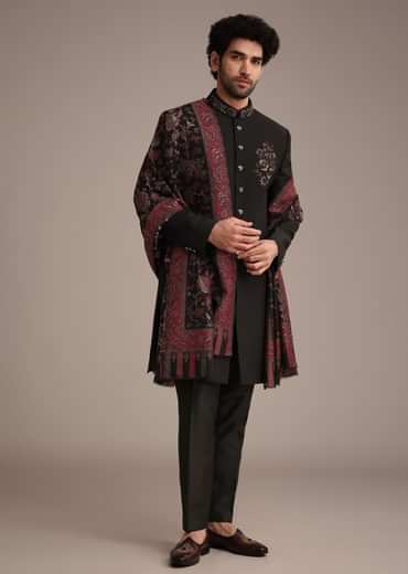 Black Hand Work Sherwani Suit With Dupatta