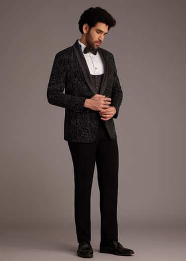 Black Tuxedo With Embellished Jacket And Satin Lapel