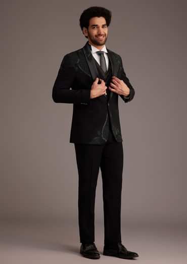 Black Tuxedo With Beaded Shoulder Detailing And Satin Lapel