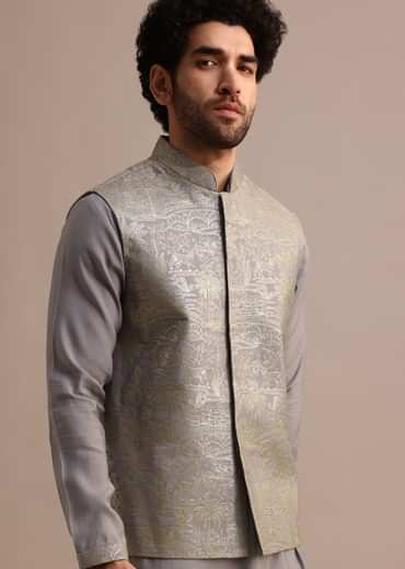 Grey Embroidered Silk Kurta Jacket Set For Men