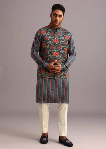 Blue Silk Floral And Stripe Print Jacket Kurta Set