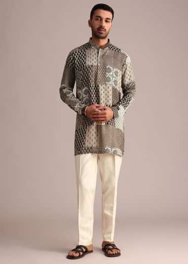 Grey Patchwork Printed Kurta With Floral And Geometric Motifs