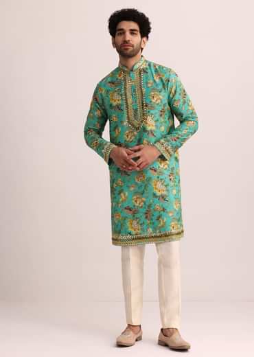 Blue Printed Silk Kurta Set Wth Mirror Work