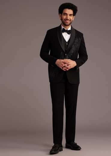 Black Tuxedo With Beaded Embellishments And Satin Lapel