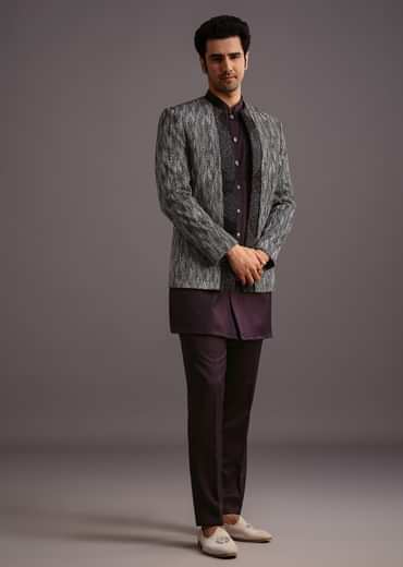 Purple Hand Work Jacket Kurta Set