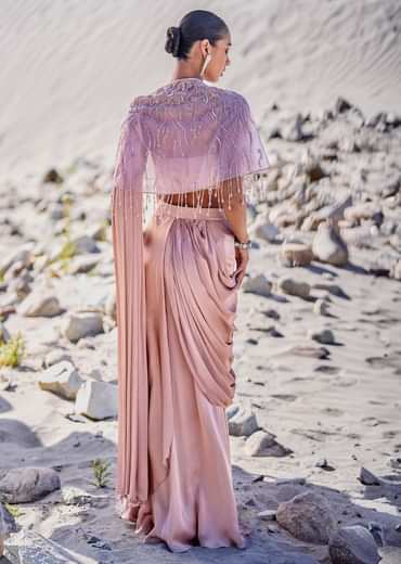 Beige Satin Draped Saree With Pleated Blouse And Embroidered Cape