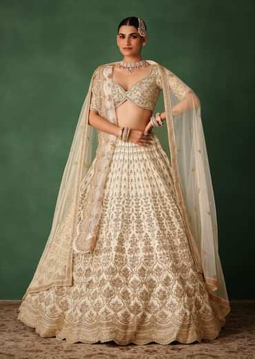 White Hand Embroidered Lehenga Set In Raw Silk