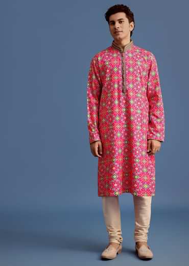 Pink Printed Pashmina Kurta Set For Men