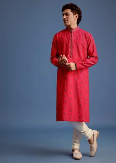 Fuchsia Pink Silk Printed Kurta Set For Men