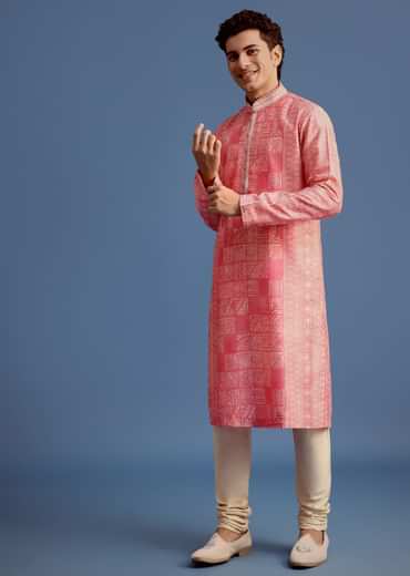 Pink Silk Printed Kurta Set With Mandarin Collar