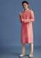 Pink Silk Printed Kurta Set With Mandarin Collar