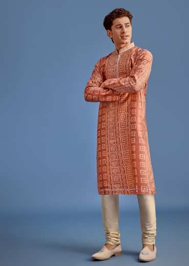 Orange Printed Silk Kurta Set For Men