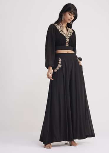 Black Embroidered Croptop And Palazzo