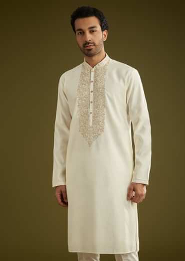 Off White Silk Kurta Set With Embroidered Yoke