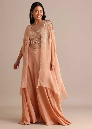 Peach Organza Crop Top Suit With Embroidered Jacket