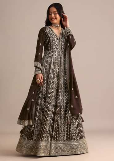 Dark Brown Silk Zari Embroidered Anarkali Suit