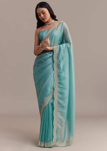 Firozi Blue Crushed Tissue Saree With Sequins Embellished Scallop Border