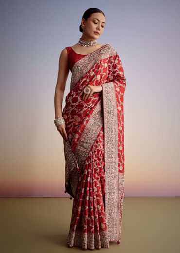 Red Dola Silk Saree With Floral Jaal Work